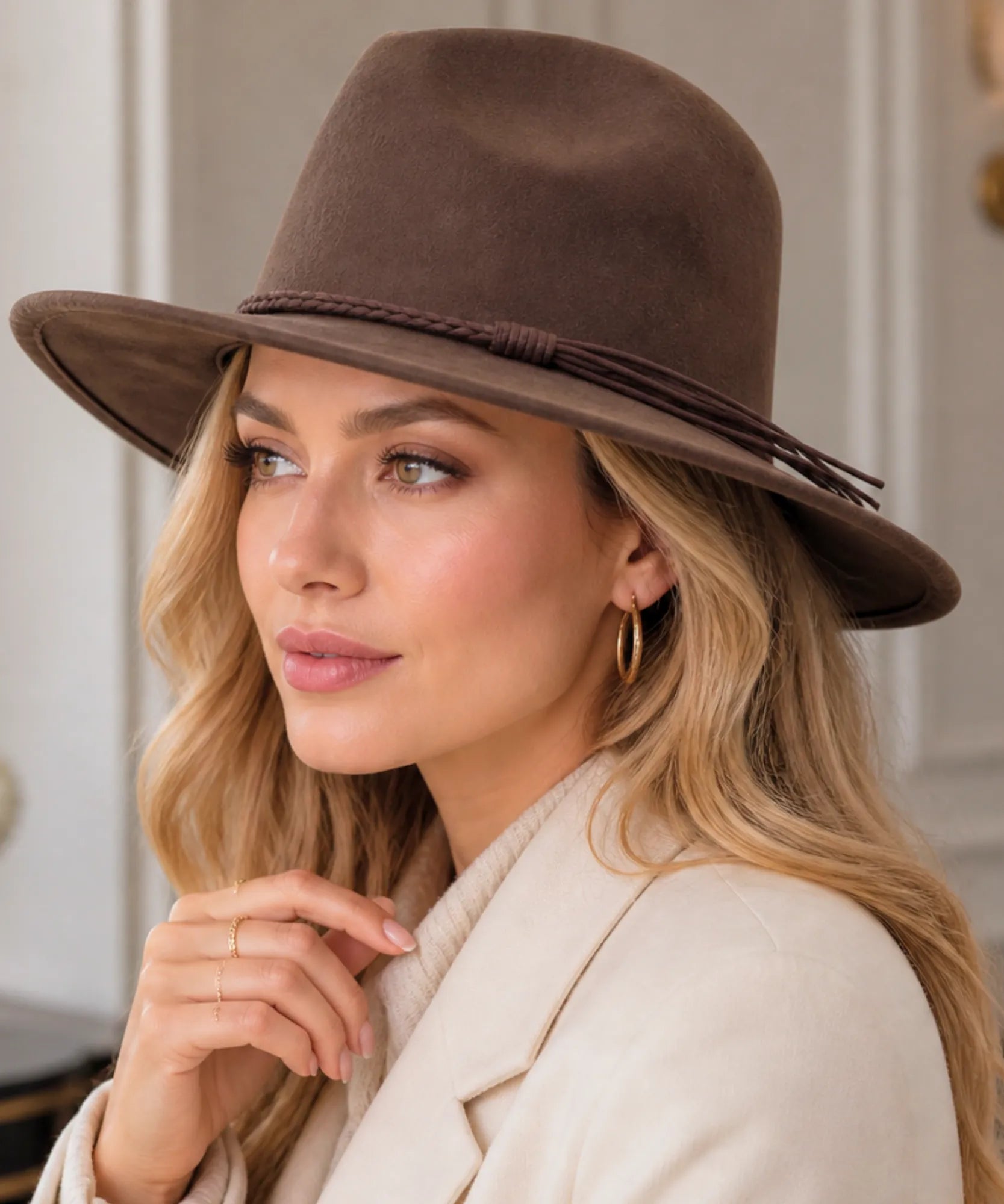 Woman wearing a Dark Brown wide-brim suede western hat