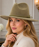 Olive Green wide-brim suede western hat, close-up view