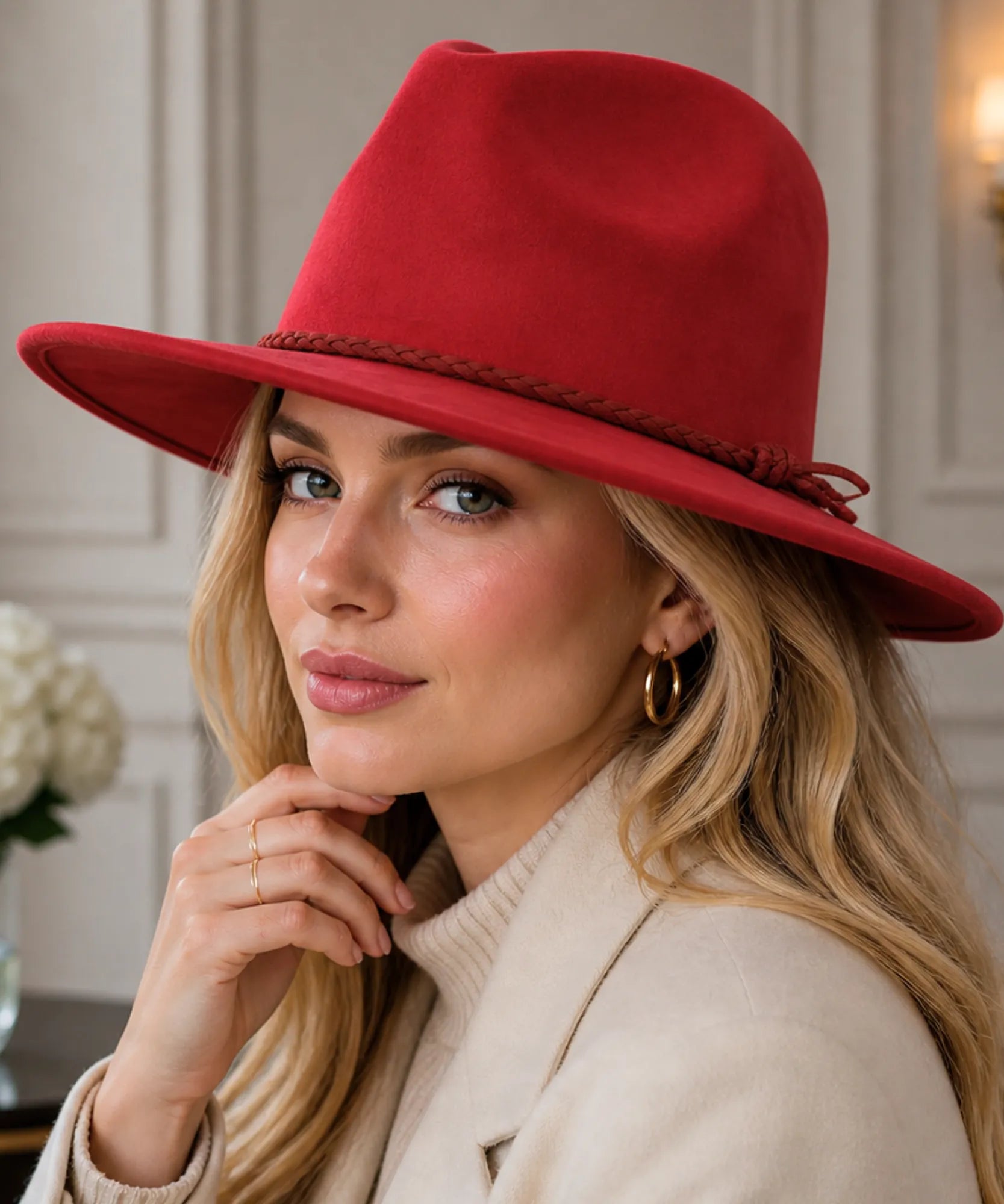 Woman wearing a Red wide-brim suede western hat