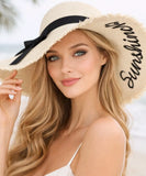 Comprar chapéu de palha feminino aba extra larga bordado Hello Sunshine bordas desfiadas fita preta leve para praia verão proteção solar UV barato ANELLIMN
