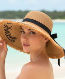 Comprar chapéu de palha feminino aba extra larga bordado Hello Sunshine bordas desfiadas fita preta leve para praia verão proteção solar UV barato ANELLIMN
