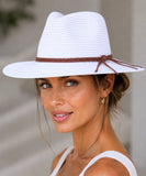 Women's straw panama hat in white with a braided cord tie
