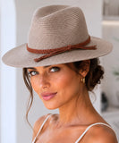 Women's straw panama hat in taupe with a braided cord tie