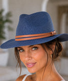 Unisex wide-brim straw fedora hat in navy with a leather band