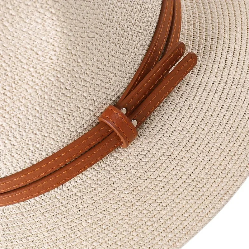 Unisex wide-brim straw fedora hat, close-up of the leather band