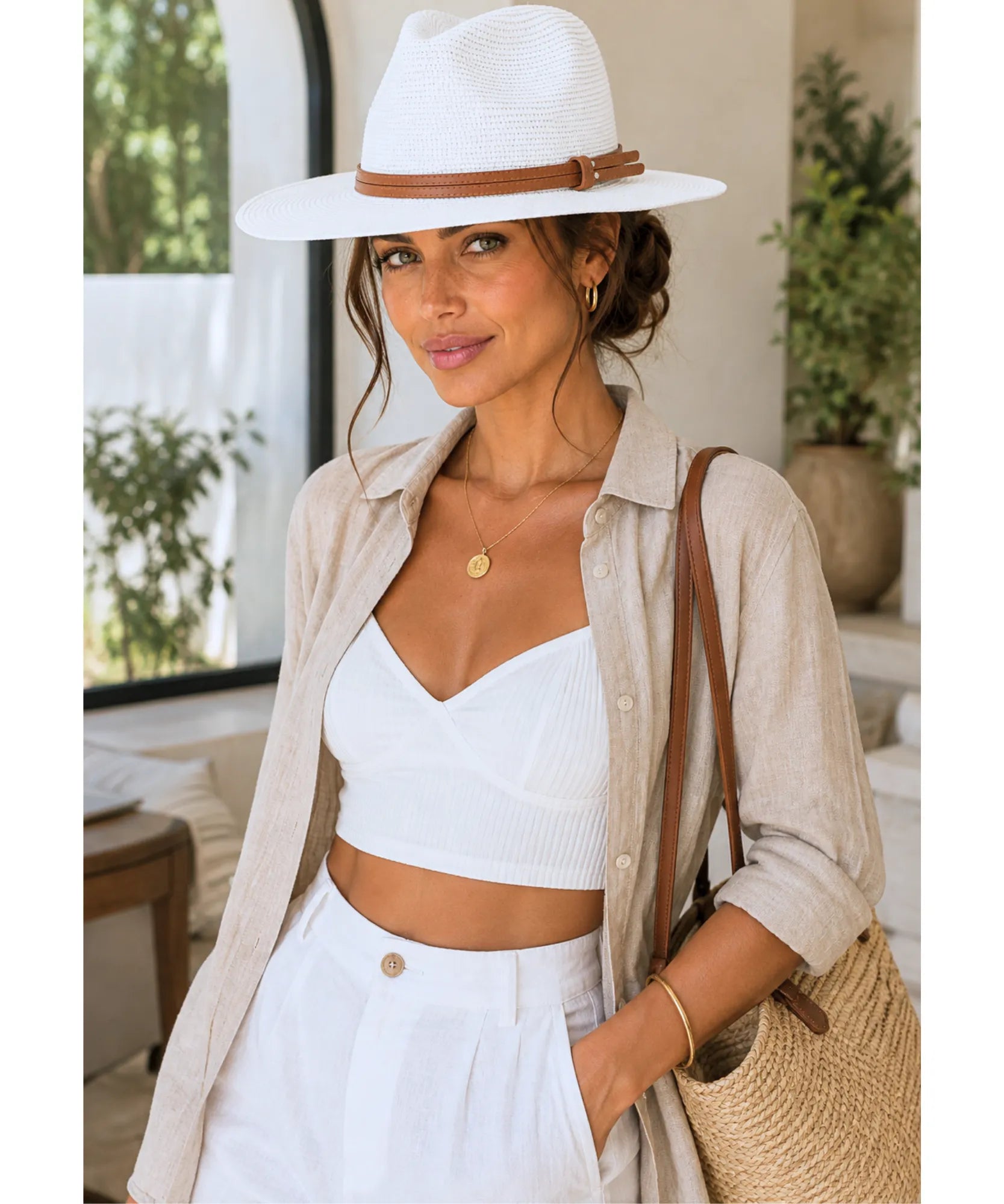 Unisex wide-brim straw fedora hat in white, front view