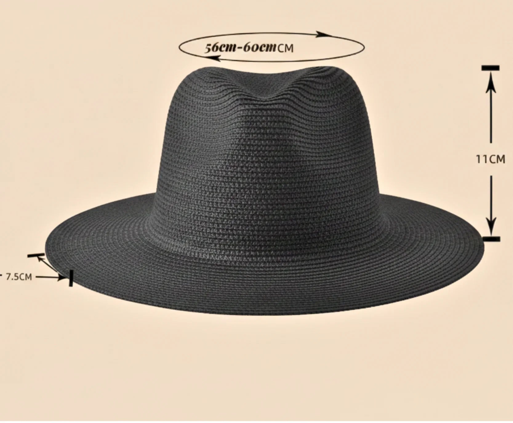 Unisex wide-brim straw fedora hat in black, side view