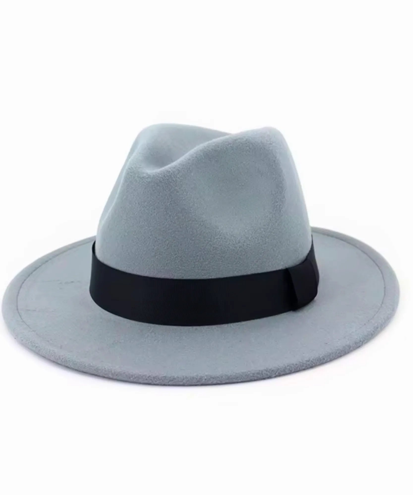 Silver wool felt fedora hat, side view