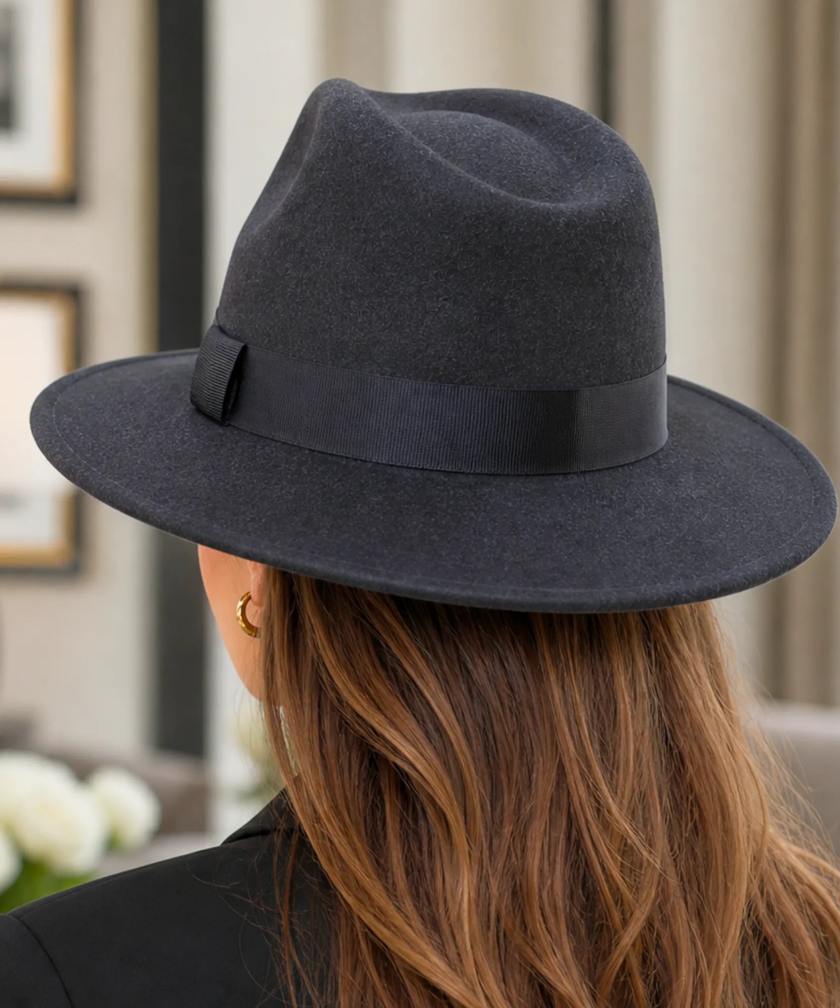 Silver wool felt fedora hat, close-up view