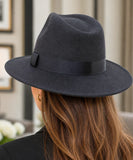 Silver wool felt fedora hat, close-up view