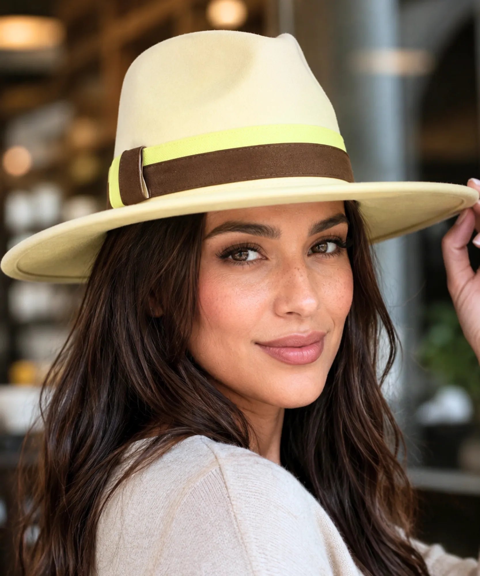 Women's wide-brim suede fedora hat in butter yellow with a two-tone band