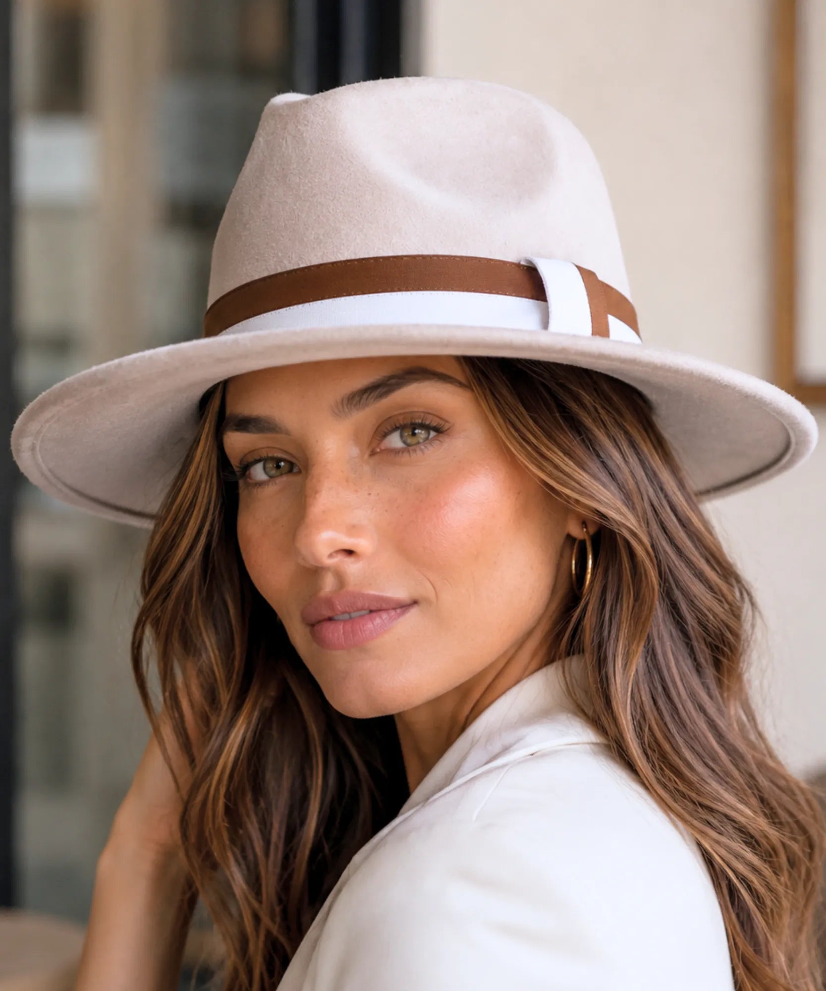 Women's wide-brim suede fedora hat in oatmeal with a two-tone band