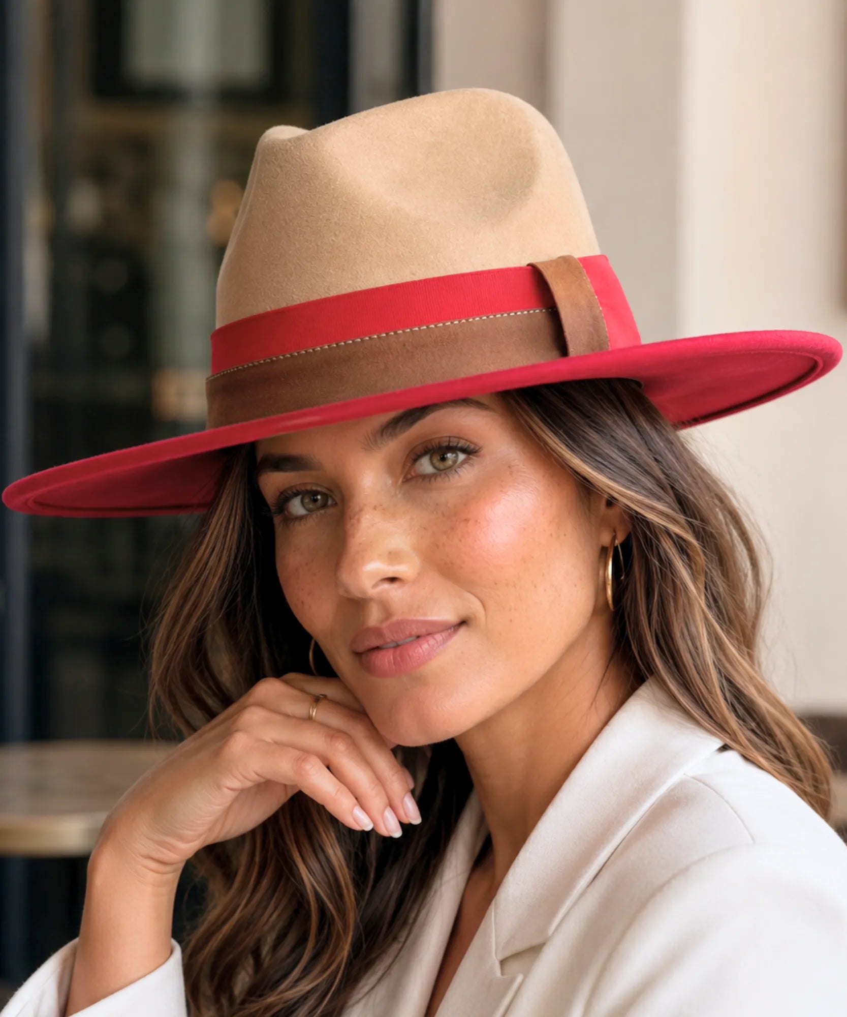 Women's wide-brim suede fedora hat in sand with a two-tone band