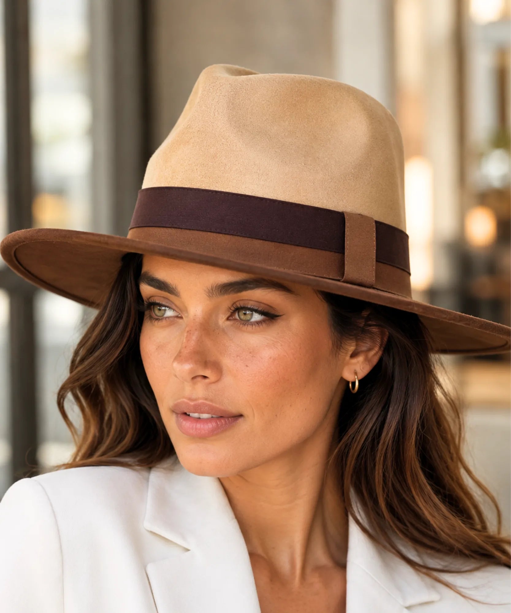 Women's wide-brim suede fedora hat in camel, side view