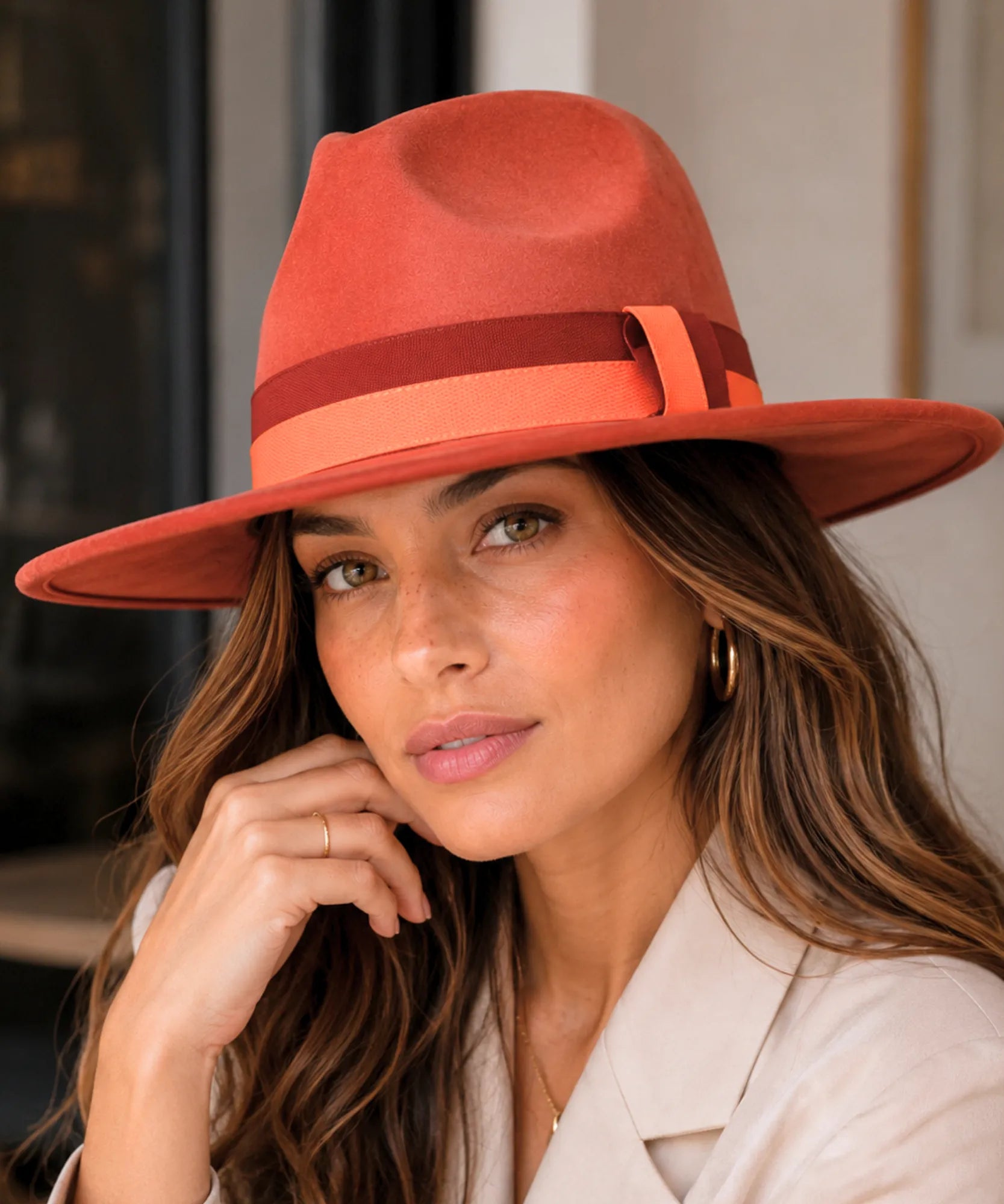 Women's wide-brim suede fedora hat in terracotta with a two-tone band