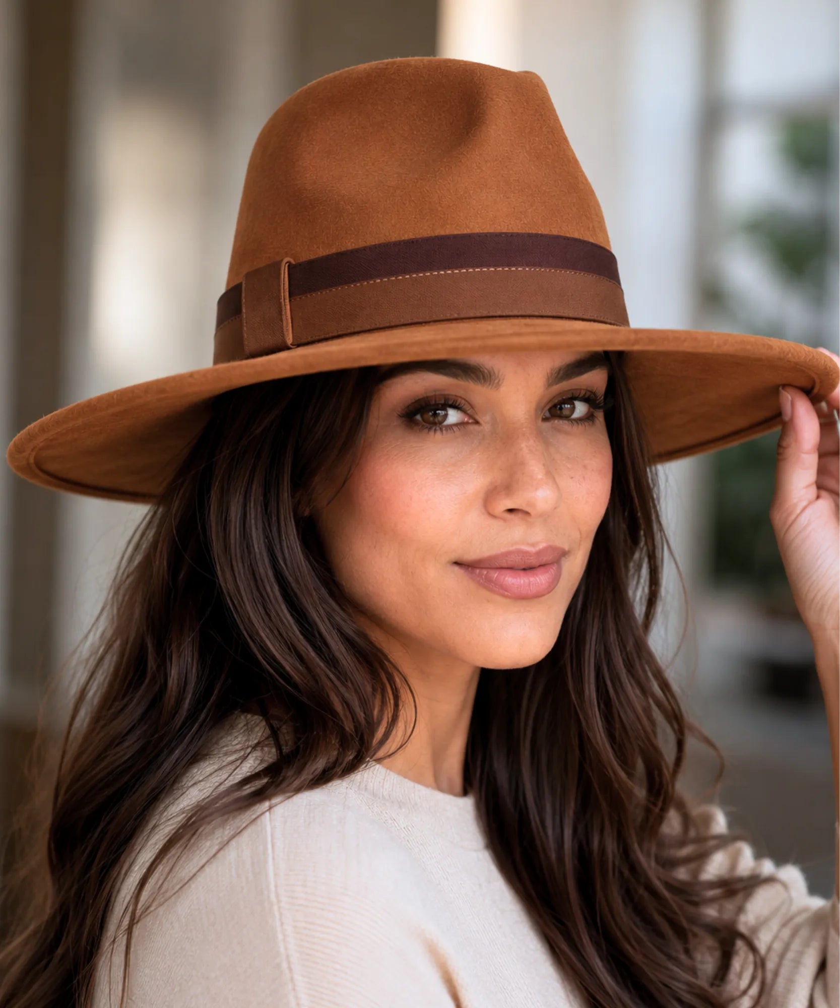 Women's wide-brim suede fedora hat in cognac, side view