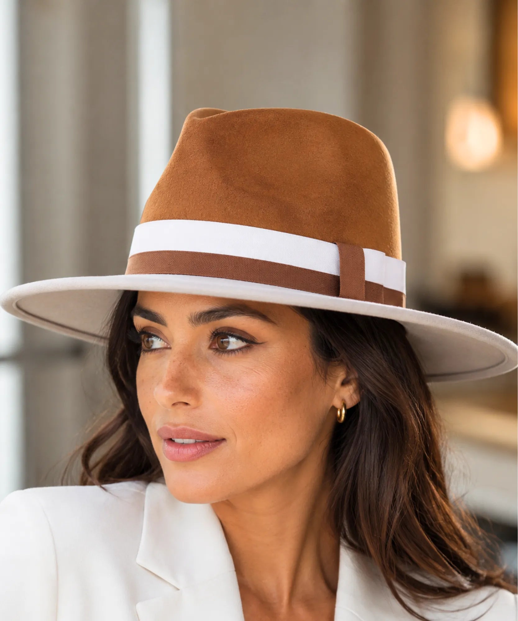Women's wide-brim suede fedora hat in camel and ivory with a two-tone band