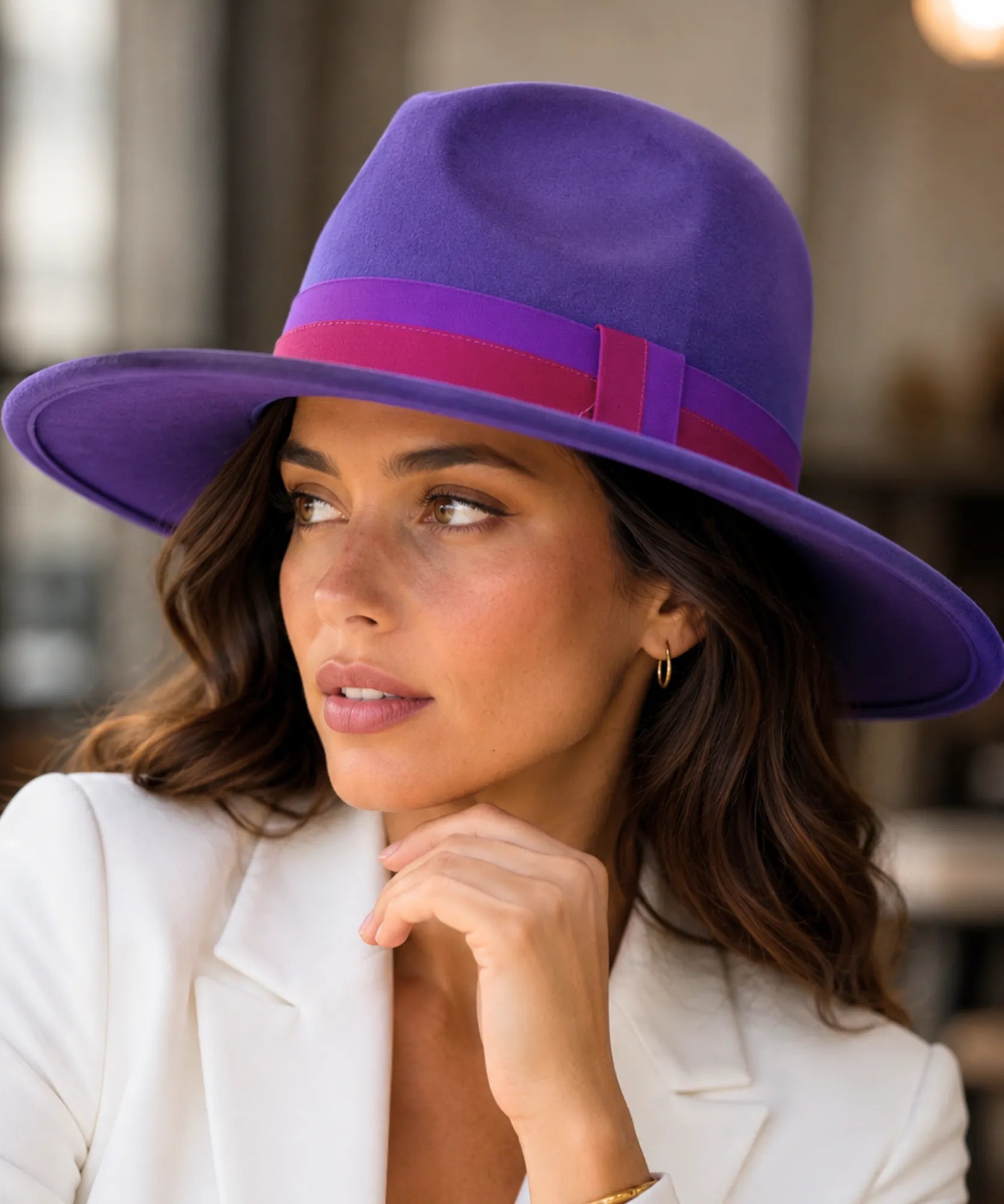 Women's wide-brim suede fedora hat in violet with a two-tone band