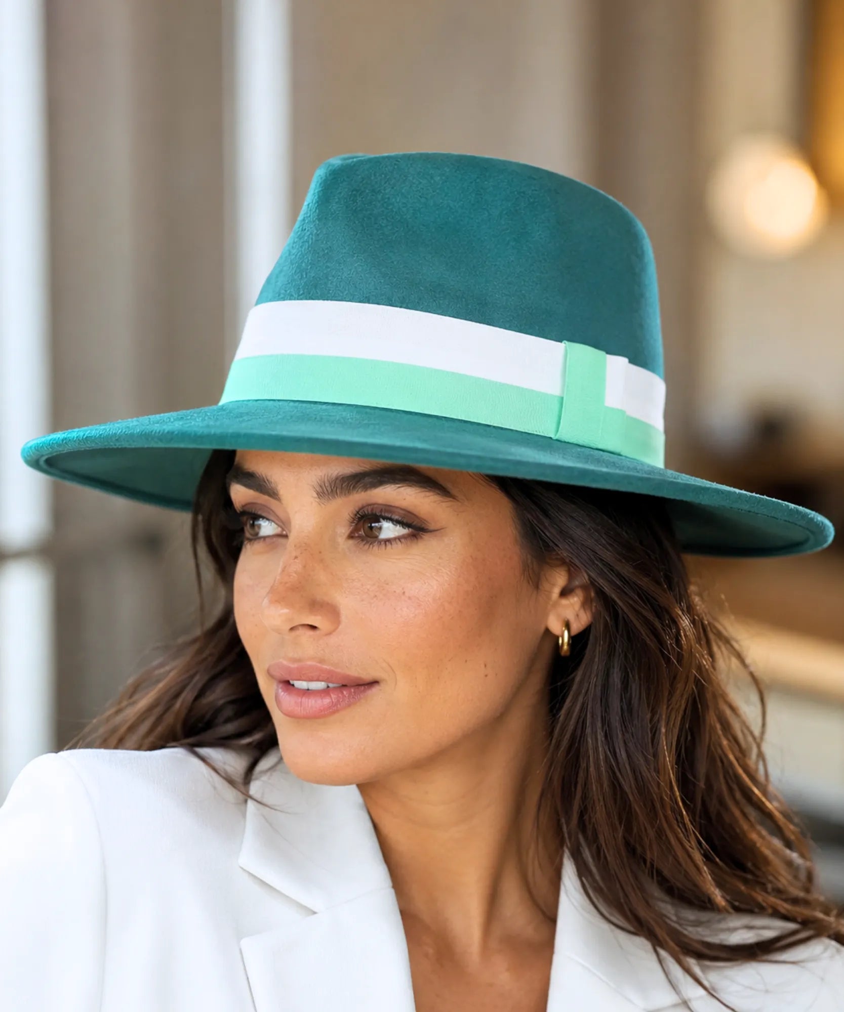 Women's wide-brim suede fedora hat in teal with a two-tone band