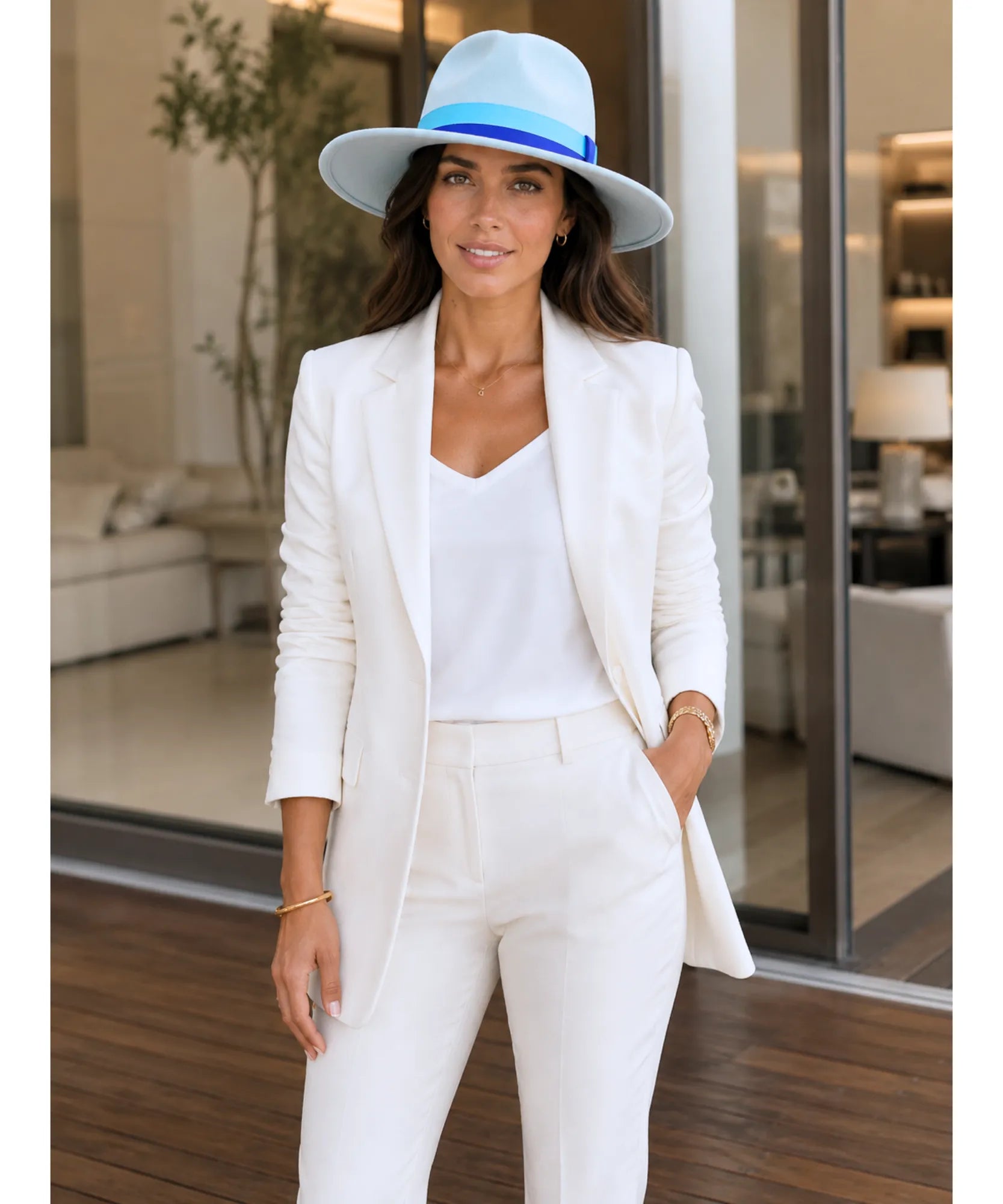 Women's wide-brim suede fedora hat with a two-tone band, styled view