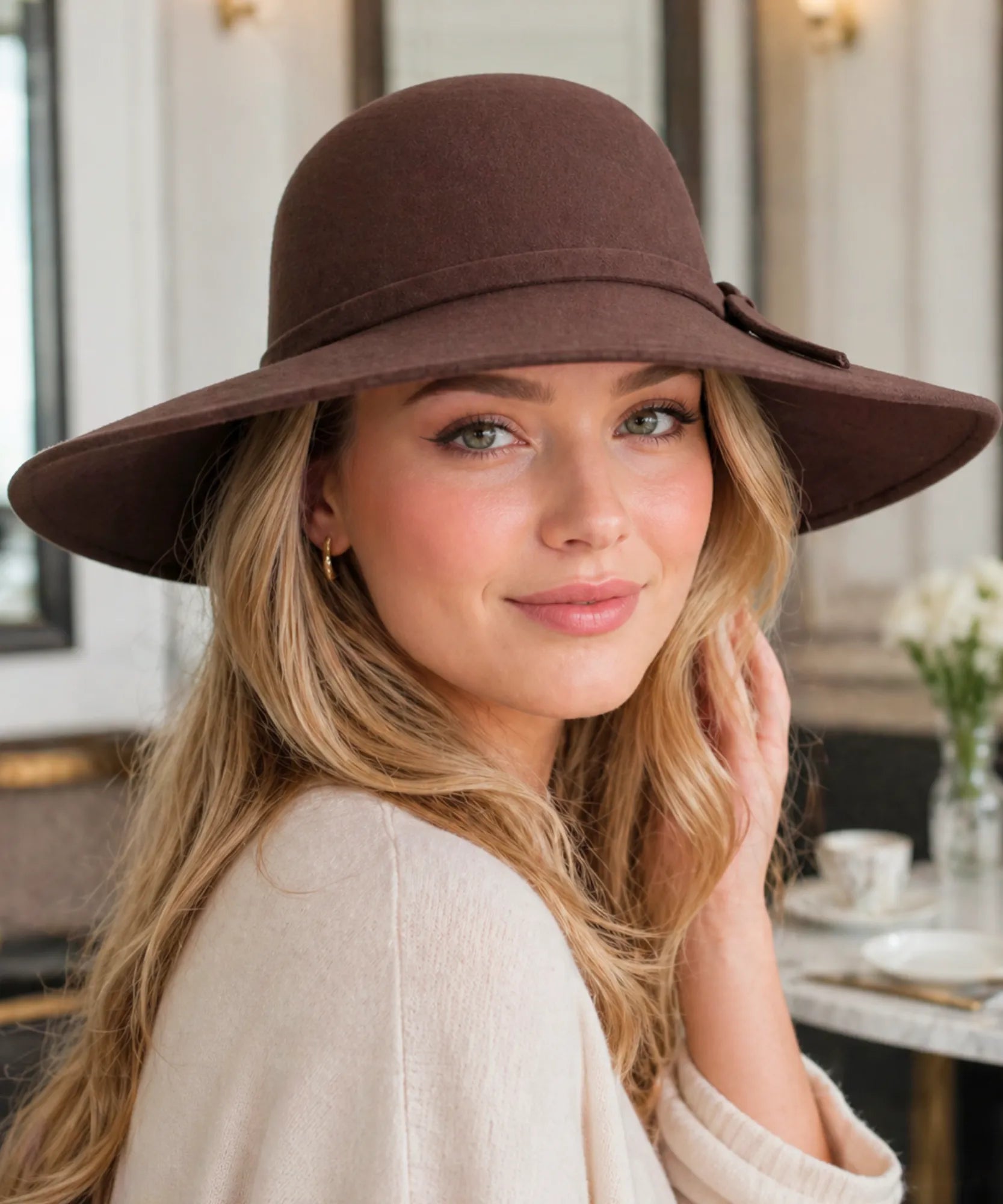 Woman wearing an Espresso wide-brim wool felt fedora hat