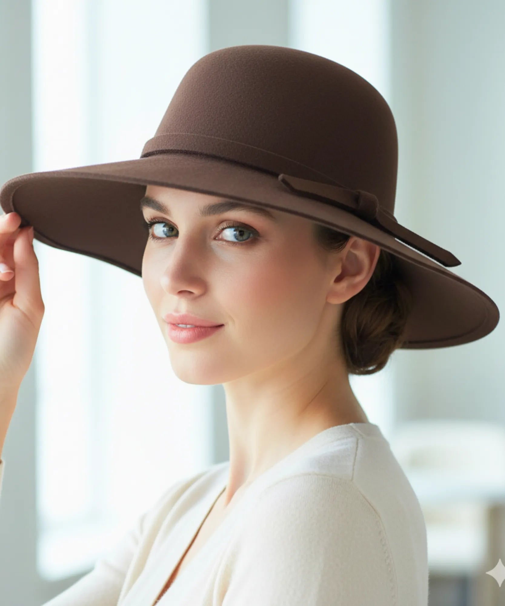 Espresso wide-brim wool felt fedora hat, close-up view