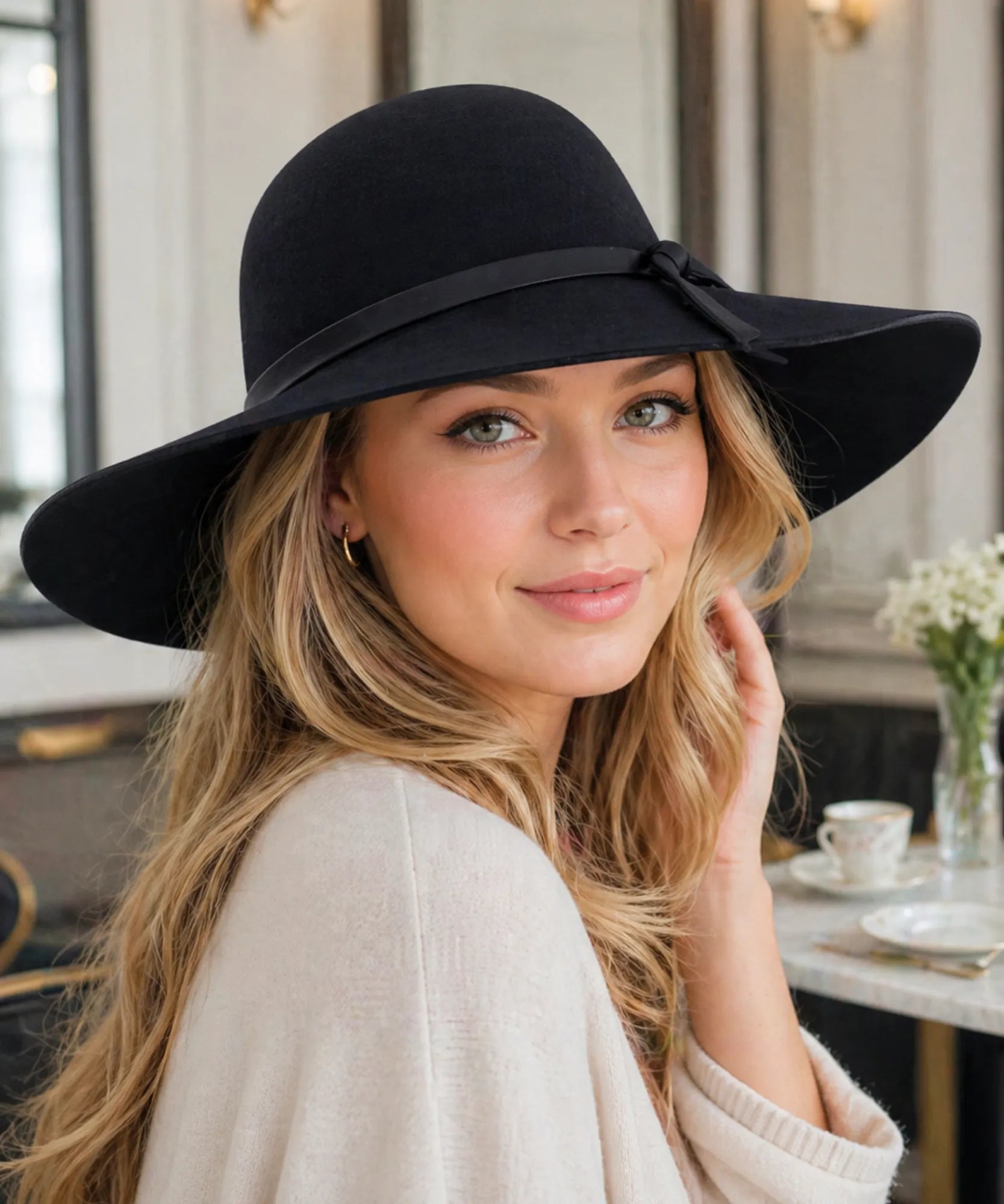 Black wide-brim wool felt fedora hat, front view