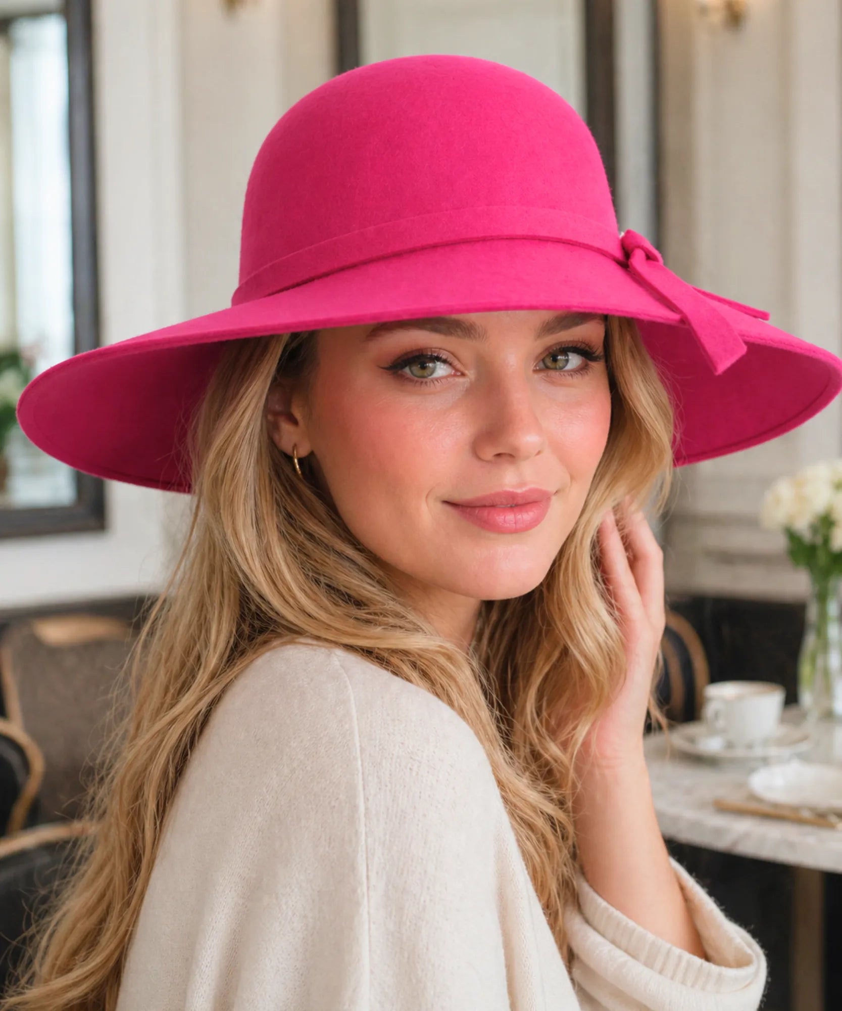Woman wearing a Hot Pink wide-brim wool felt fedora hat