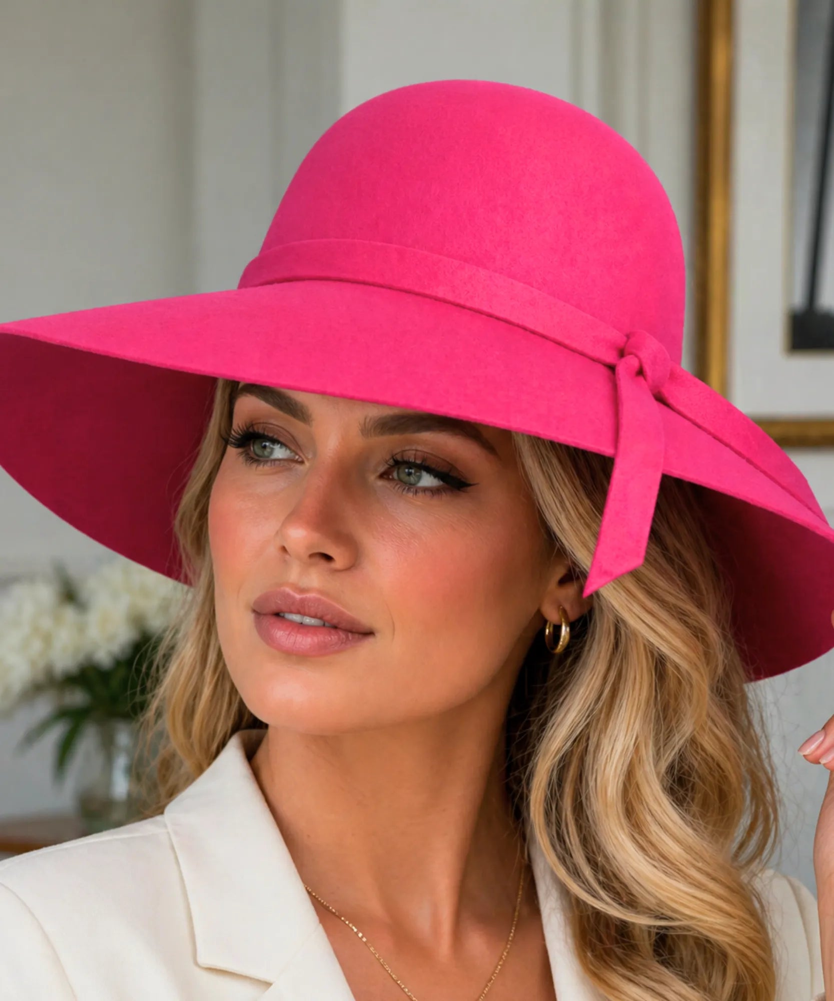 Hot Pink wide-brim wool felt fedora hat, close-up view