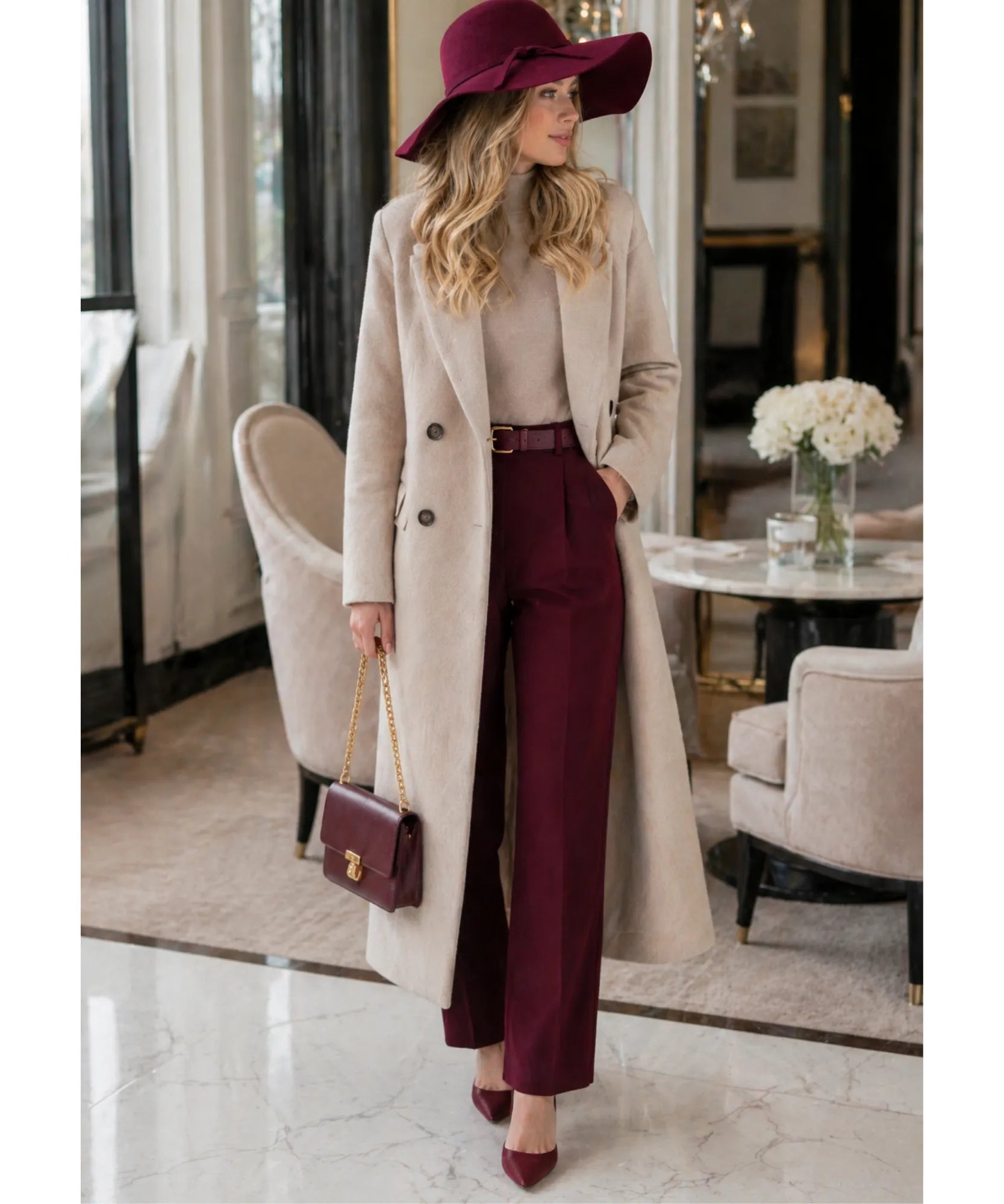 Burgundy wide-brim wool felt fedora hat, close-up view