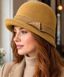 Women's Wool Felt Cloche Hat in Mustard with a striped band