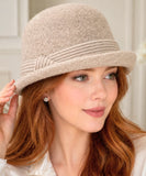 Women's Wool Felt Cloche Hat in Oatmeal with a striped band