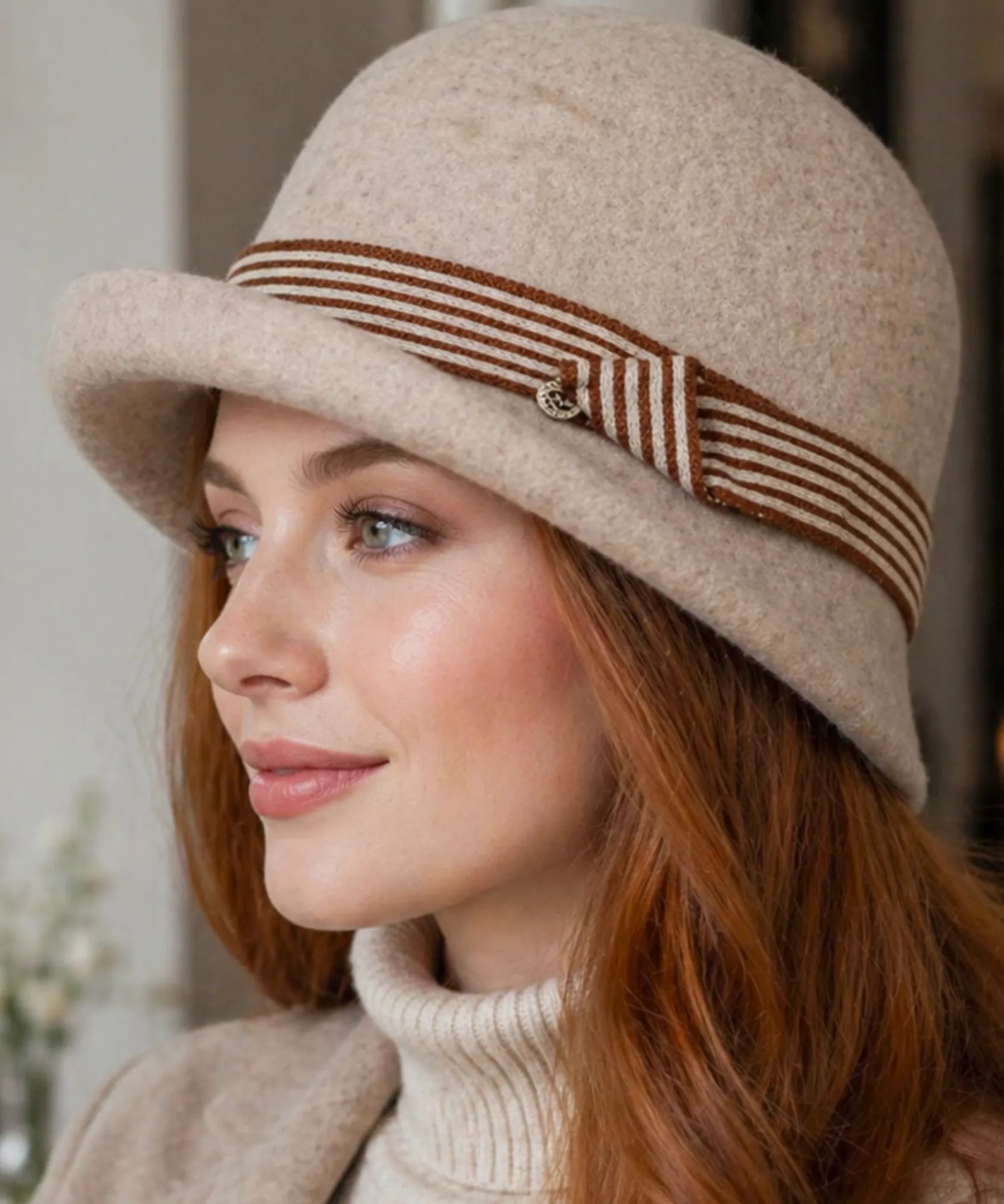Women's Wool Felt Cloche Hat in Oatmeal with a striped band, alternate view