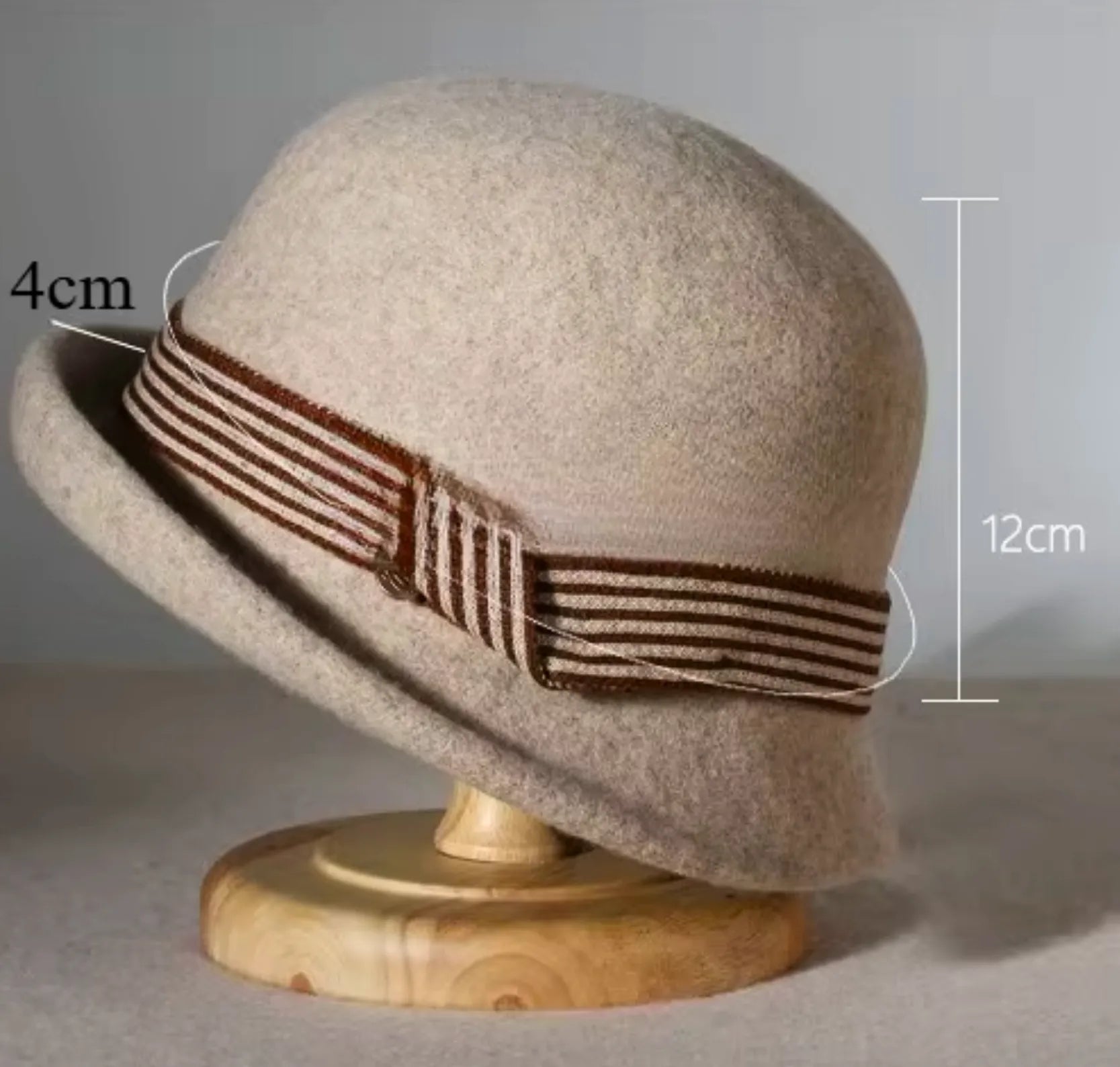 Women's Wool Felt Cloche Hat in Oatmeal with a striped band, alternate view