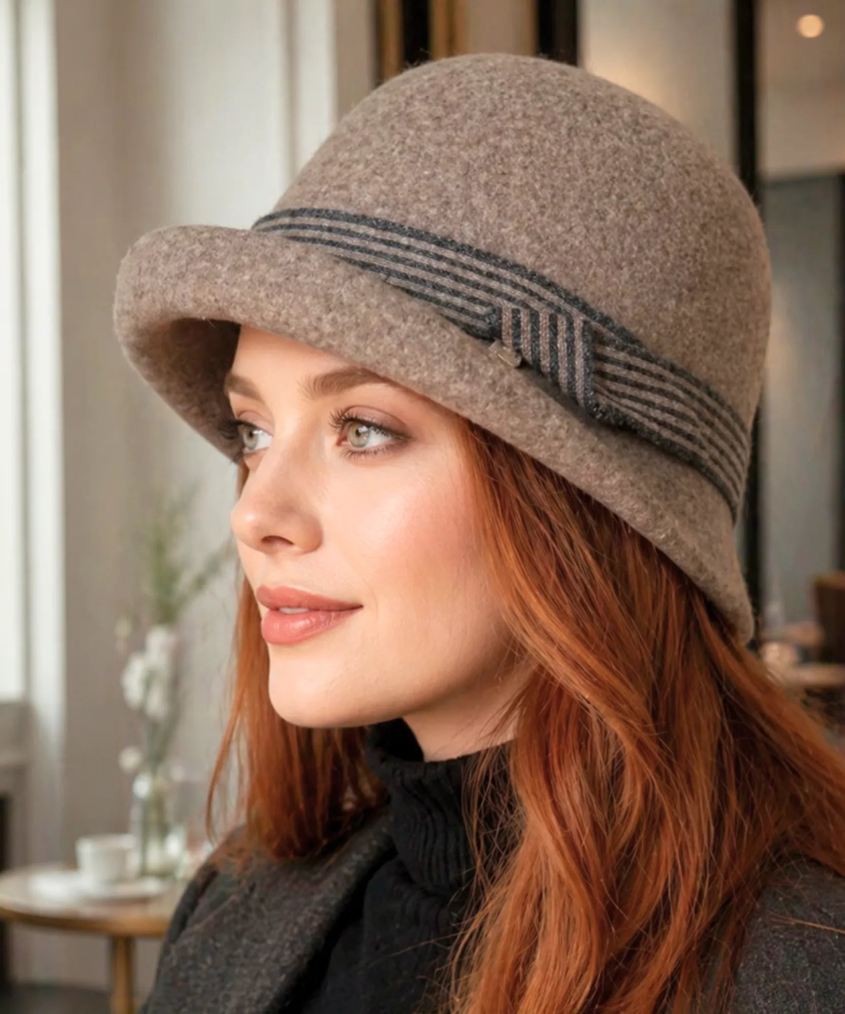 Women's Wool Felt Cloche Hat in Camel with a striped band, alternate view