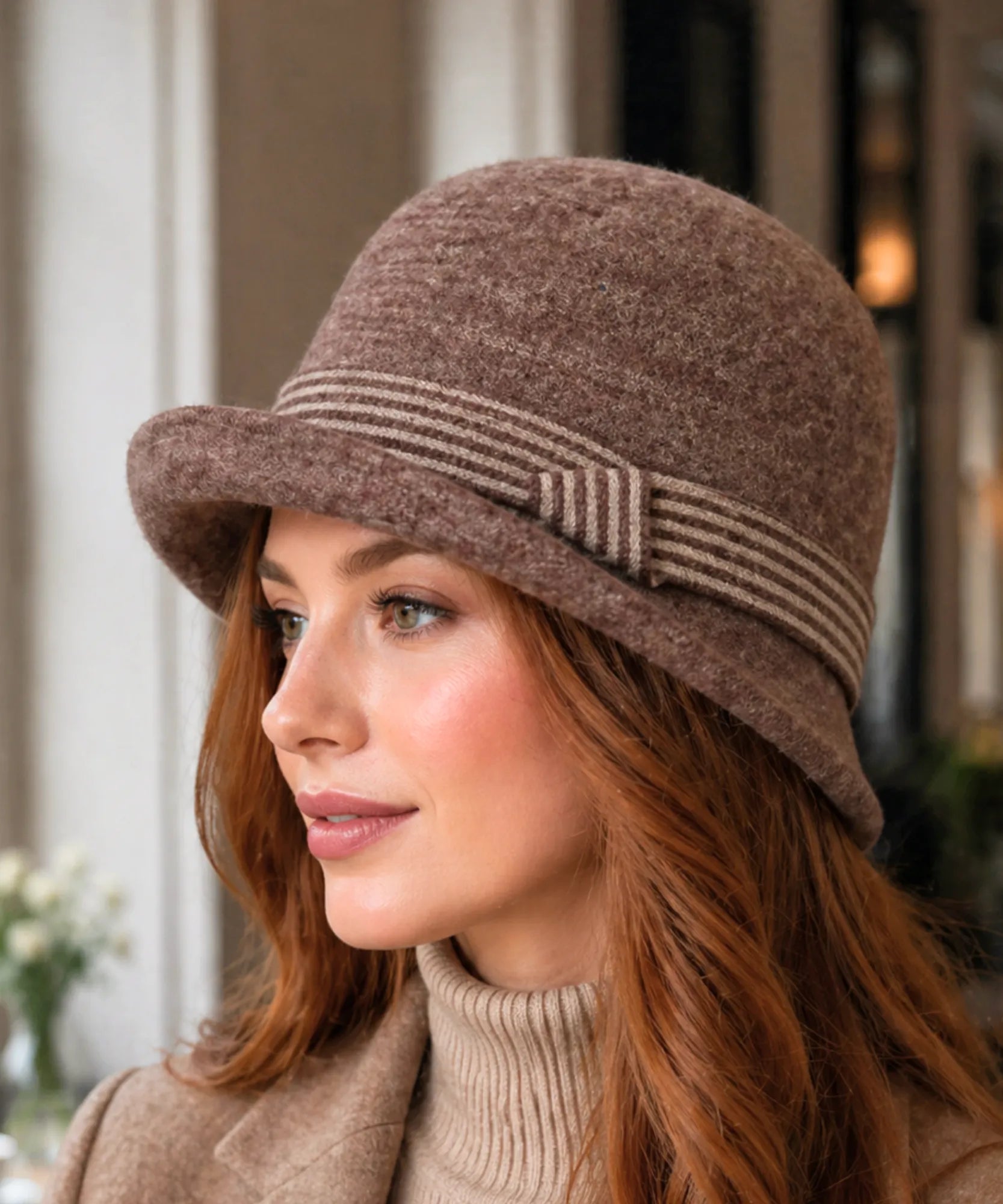 Women's Wool Felt Cloche Hat in Mocha with a striped band