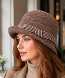 Women's Wool Felt Cloche Hat in Mocha with a striped band