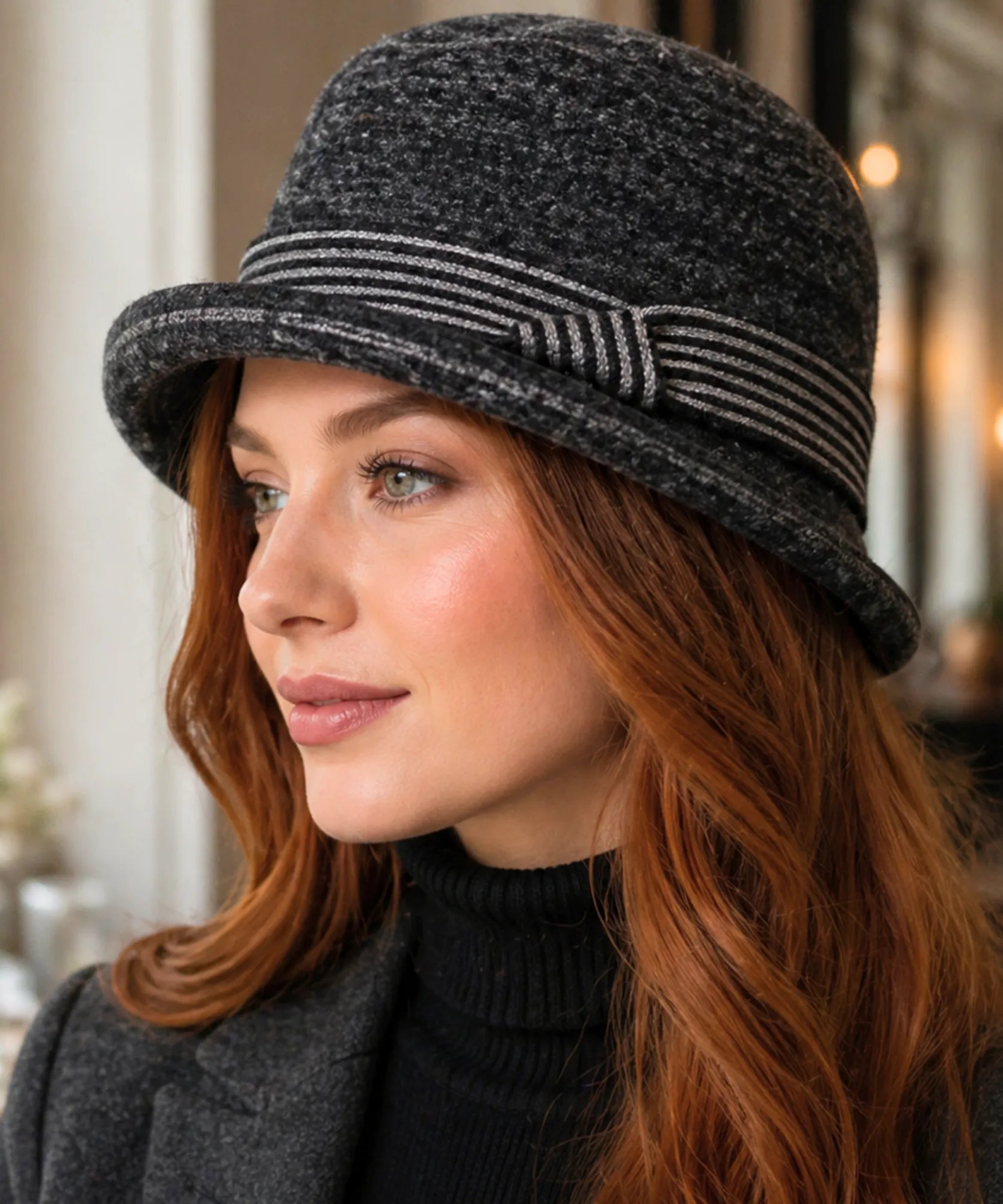 Women's Wool Felt Cloche Hat in Charcoal with a striped band