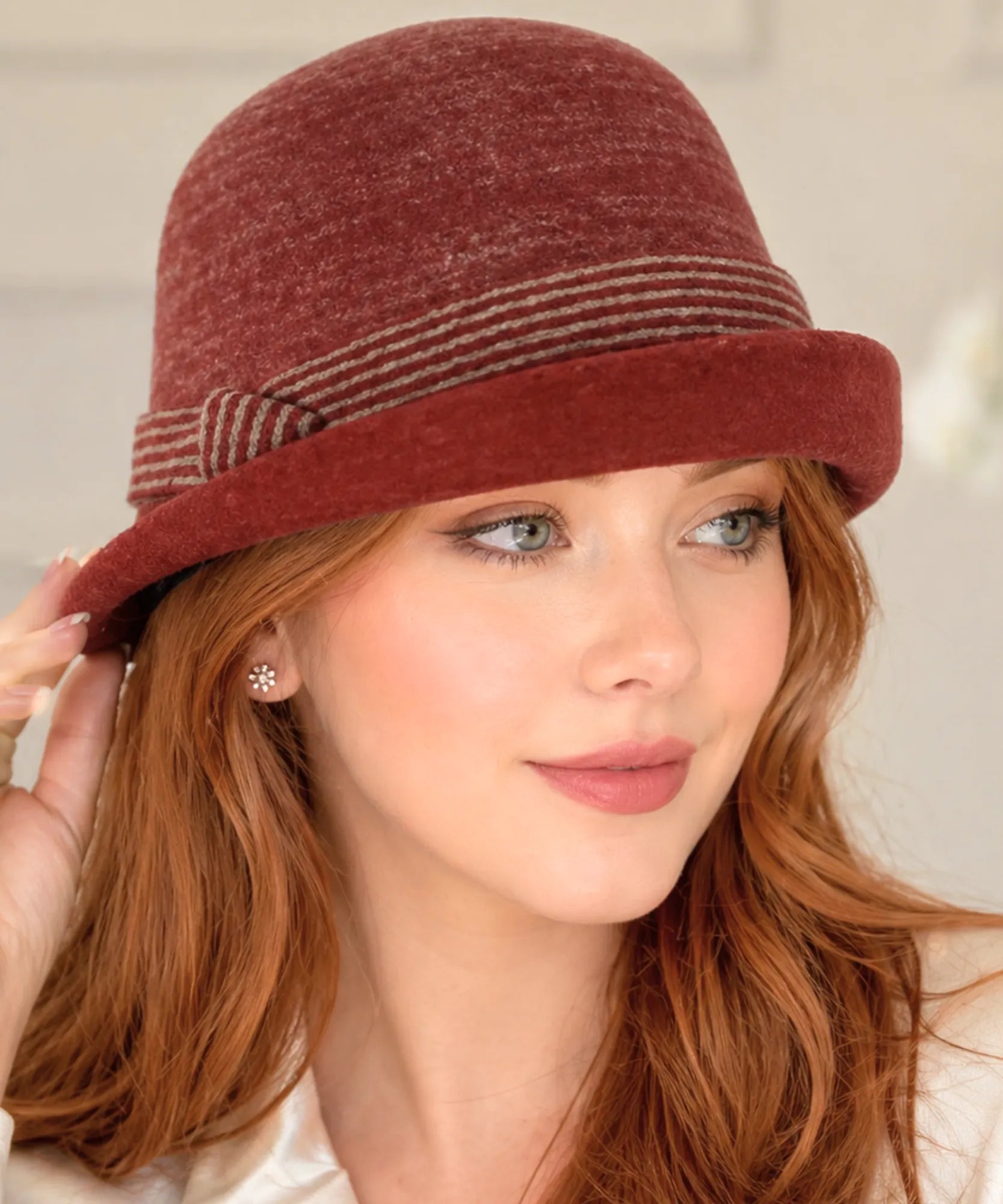 Women's Wool Felt Cloche Hat in Brick Red with a striped band