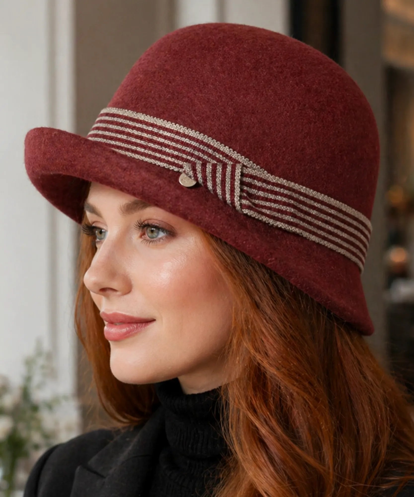 Women's Wool Felt Cloche Hat in Brick Red with a striped band, alternate view
