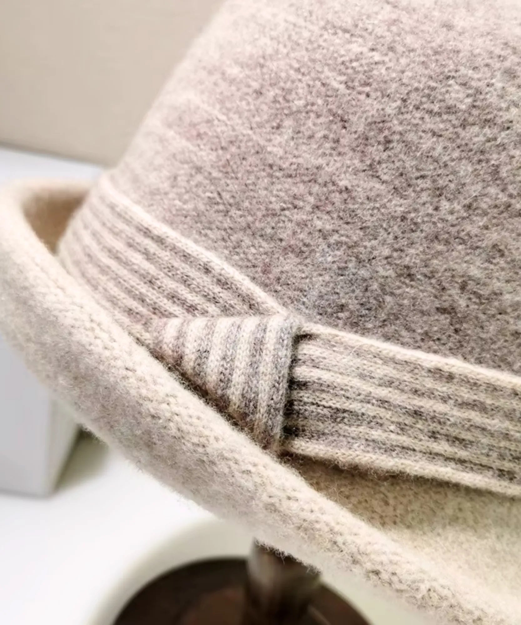 Close-up of the striped band detail on a Women's Wool Felt Cloche Hat in Oatmeal