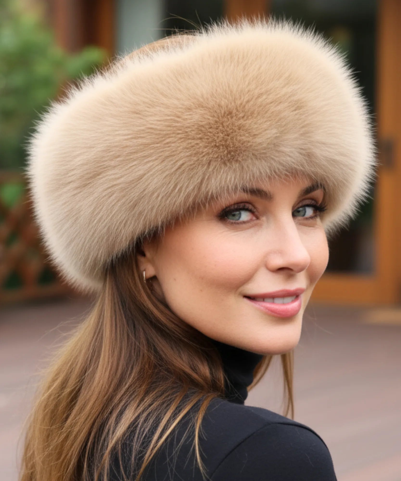 Women's Plush Fur Hat in Camel with a wide Russian-style band