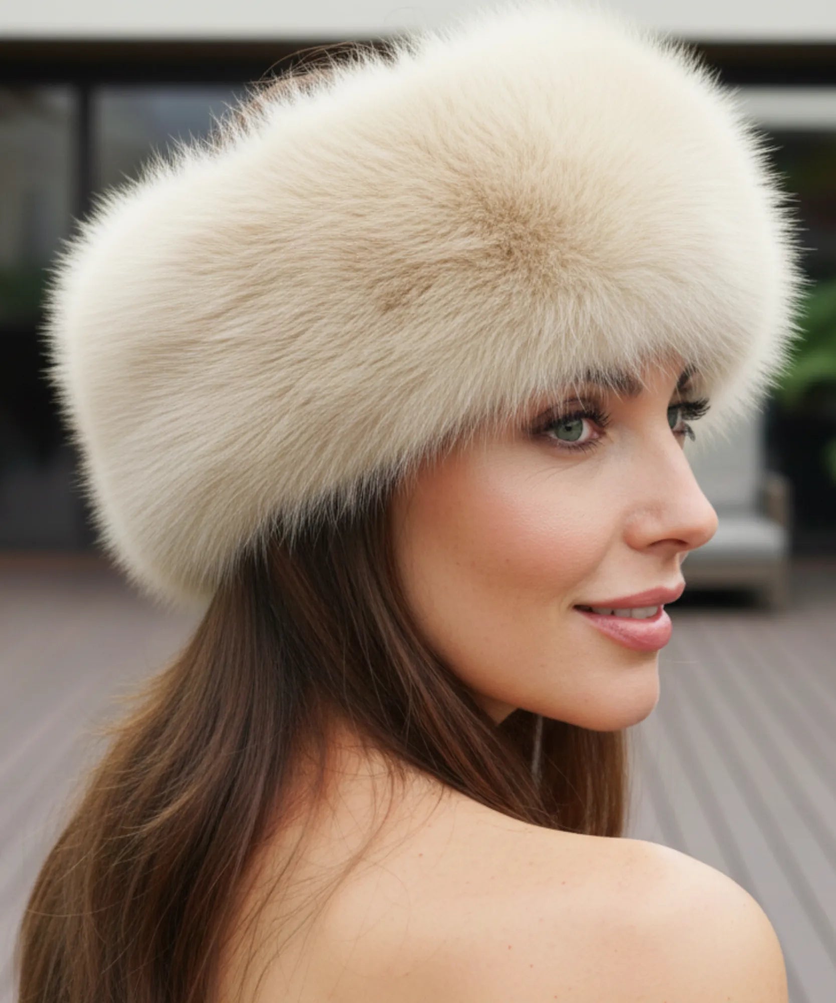 Women's Plush Fur Hat in Sand with a wide Russian-style band