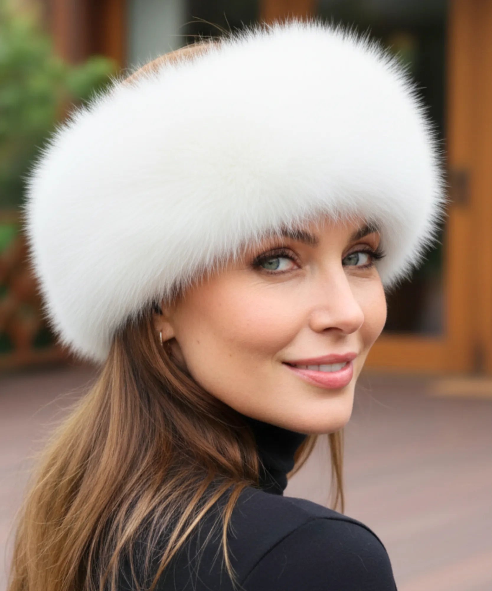 Women's Plush Fur Hat in White with a wide Russian-style band, alternate view