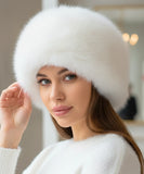Women's Plush Fur Hat in White with a wide Russian-style band