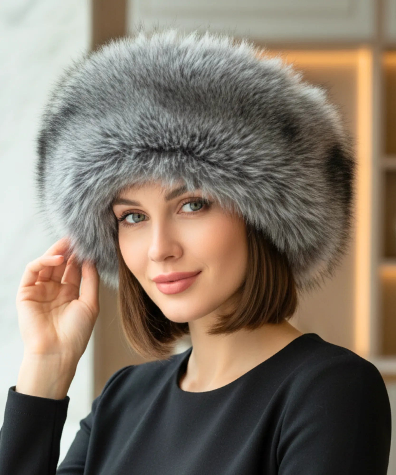 Women's Plush Fur Hat in Grey with a wide Russian-style band