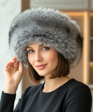 Women's Plush Fur Hat in Grey with a wide Russian-style band