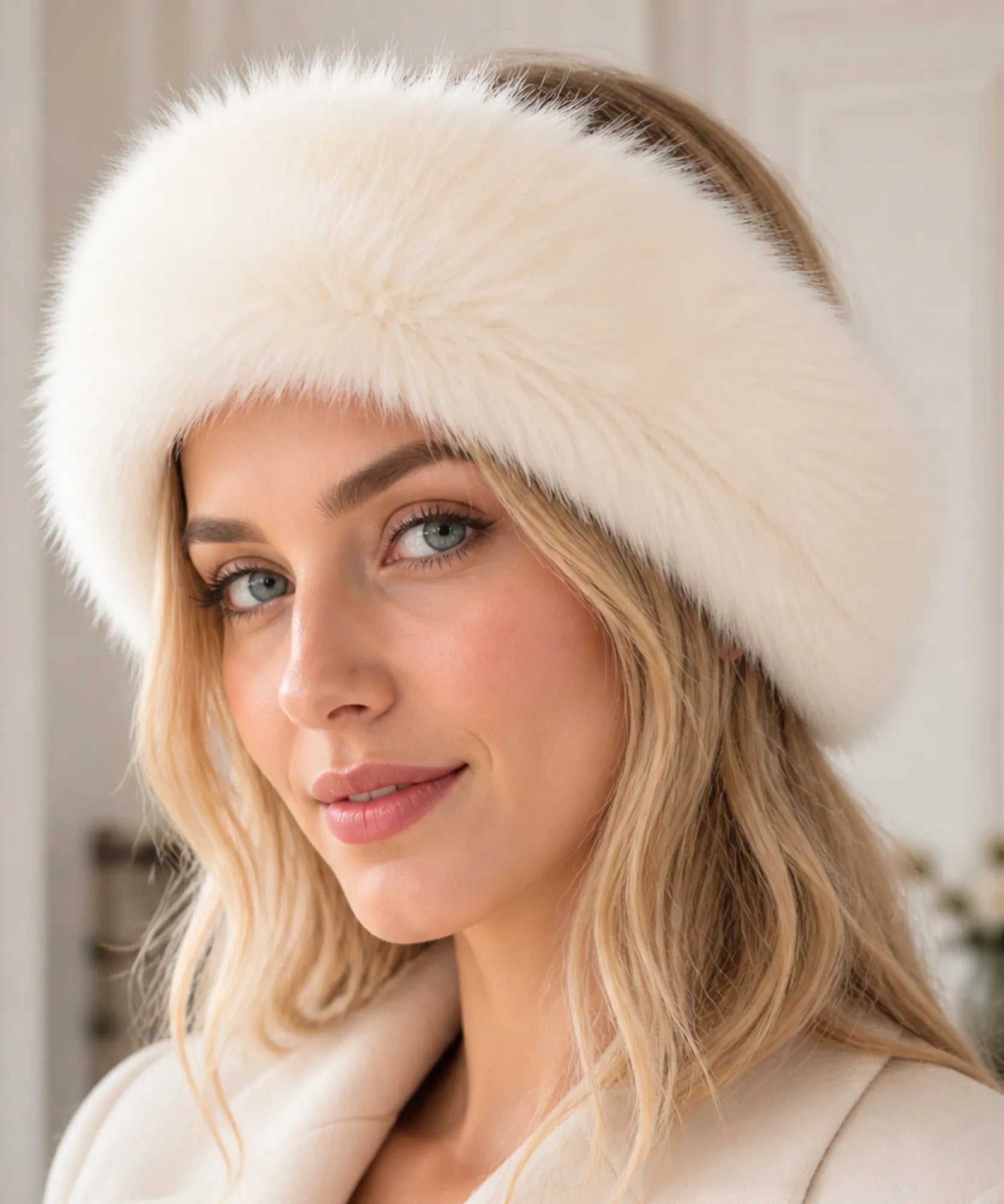 Women's Plush Fur Hat in Ivory with a wide Russian-style band