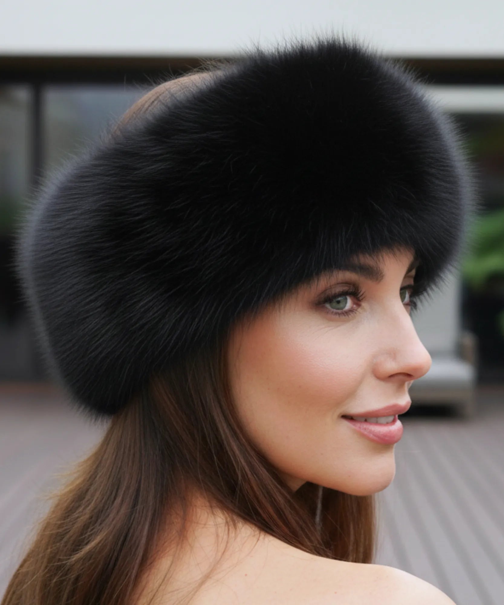 Women's Plush Fur Hat in Black with a wide Russian-style band, alternate view