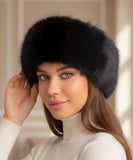 Women's Plush Fur Hat in Black with a wide Russian-style band